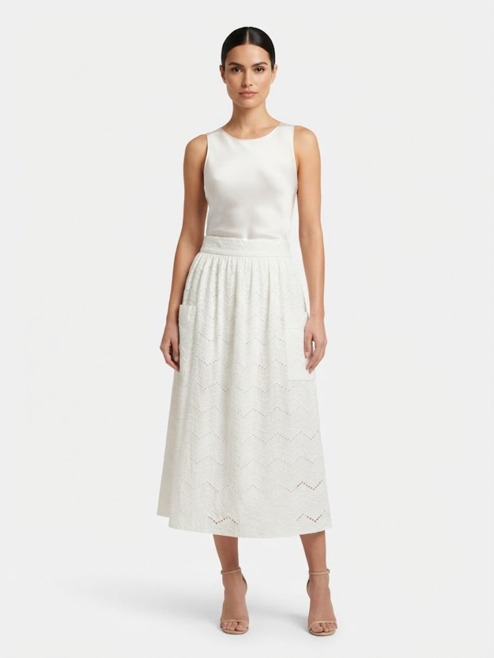 Anthropologie Tracy Reese Waves Eyelet Embroidery Off-White Midi Skirt Size 8